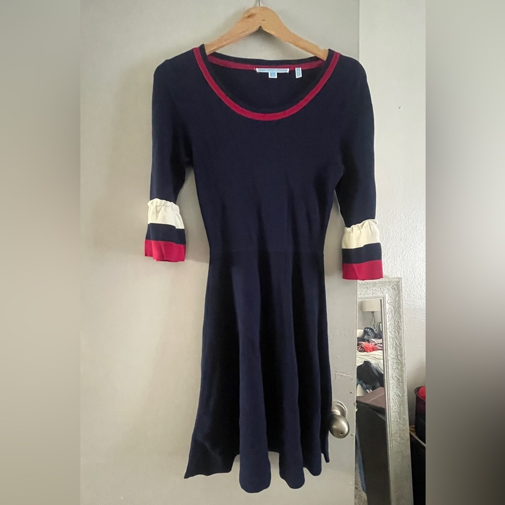 Draper James Navy Dress with Red and White Sleeve Accents